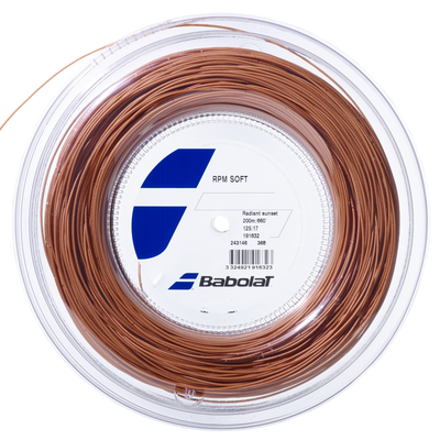 Babolat RPM Soft 12M tennis string in bronze, coiled in clear packaging.
