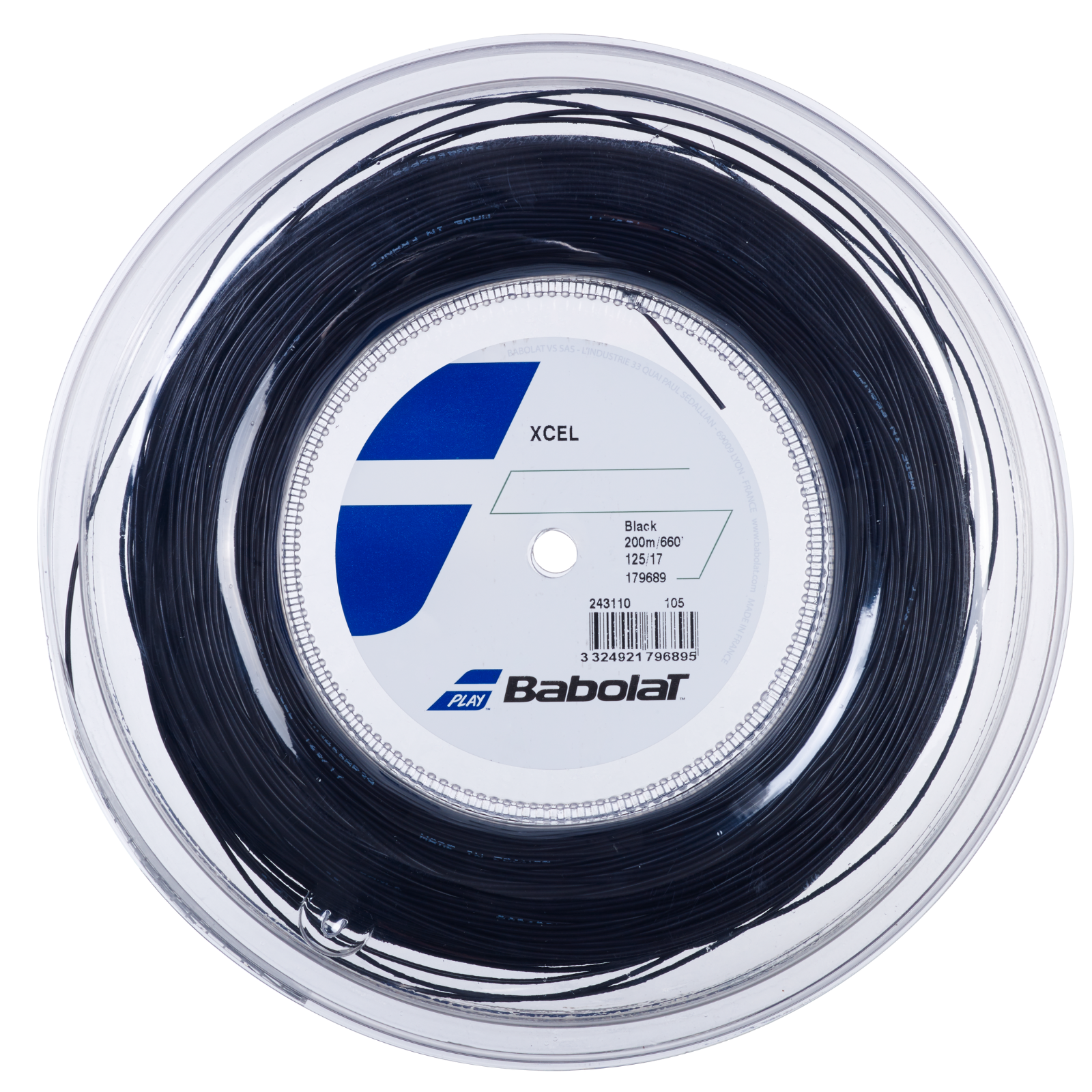 Babolat XCEL 1.25 (17) black tennis string reel in clear plastic packaging.