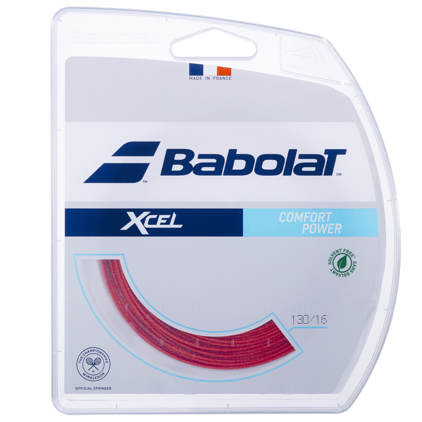 Babolat XCEL 12M red multifilament tennis string in clear packaging, showing "Comfort Power" and "130/16" gauge.
