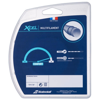 Babolat Xcel multifilament tennis string in clear packaging, highlighting comfort and power.