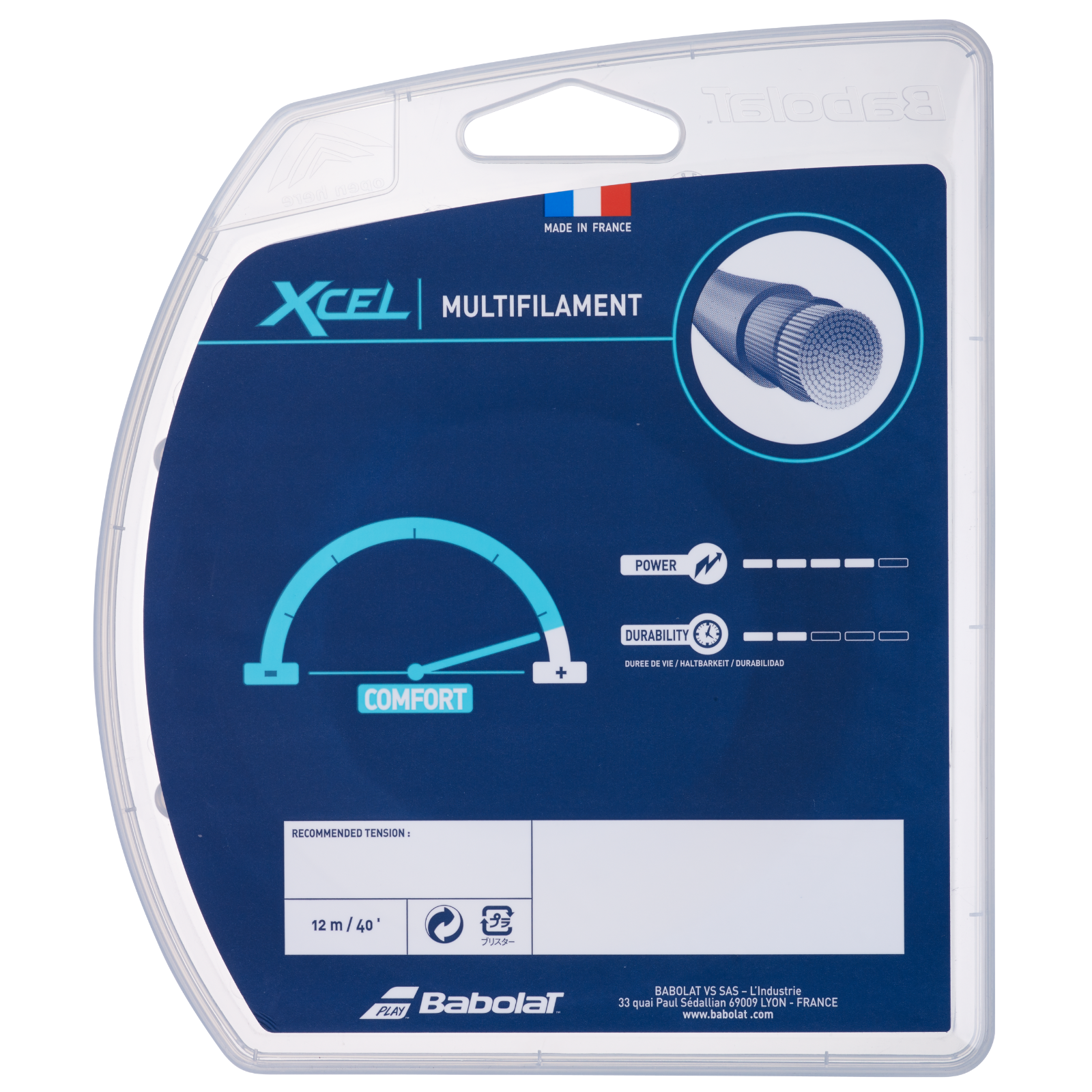 Babolat Xcel multifilament tennis string in clear packaging, highlighting comfort and power.