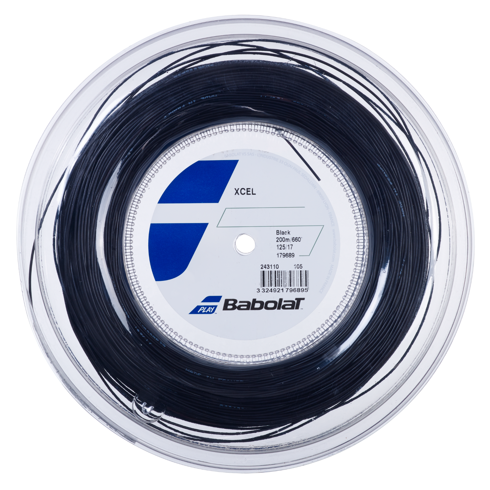 Babolat XCEL 200M black tennis string, 1.25 (17) gauge, in a clear round package.