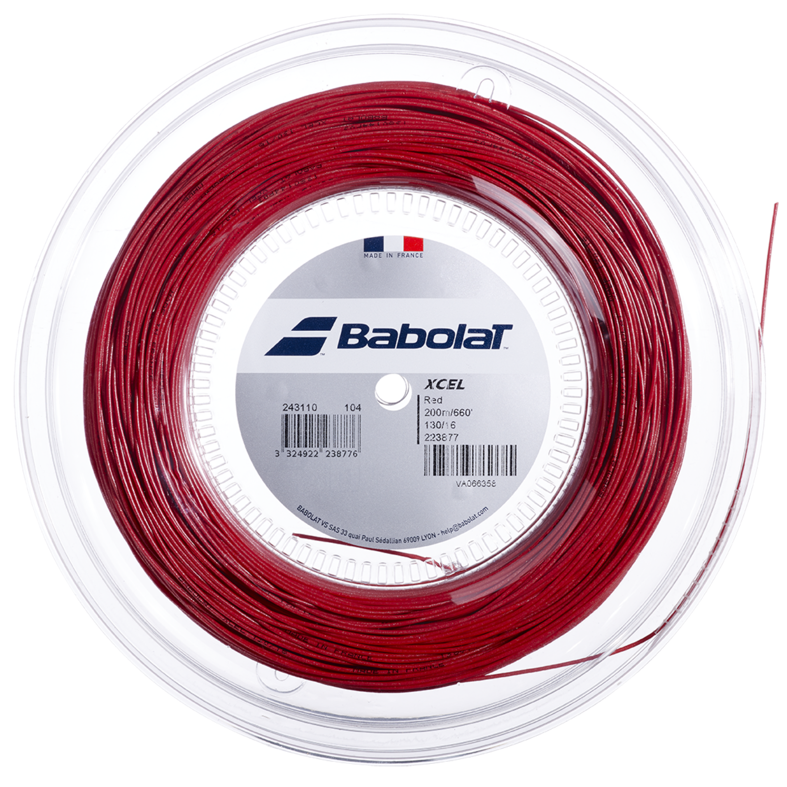Babolat XCEL 200M tennis string in bright red, coiled on a clear spool with branding.