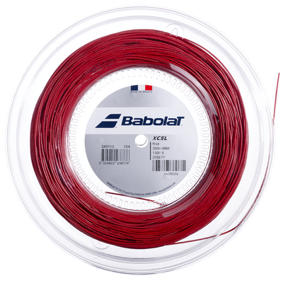 Babolat XCEL 200M tennis string in bright red, coiled on a clear spool with branding.