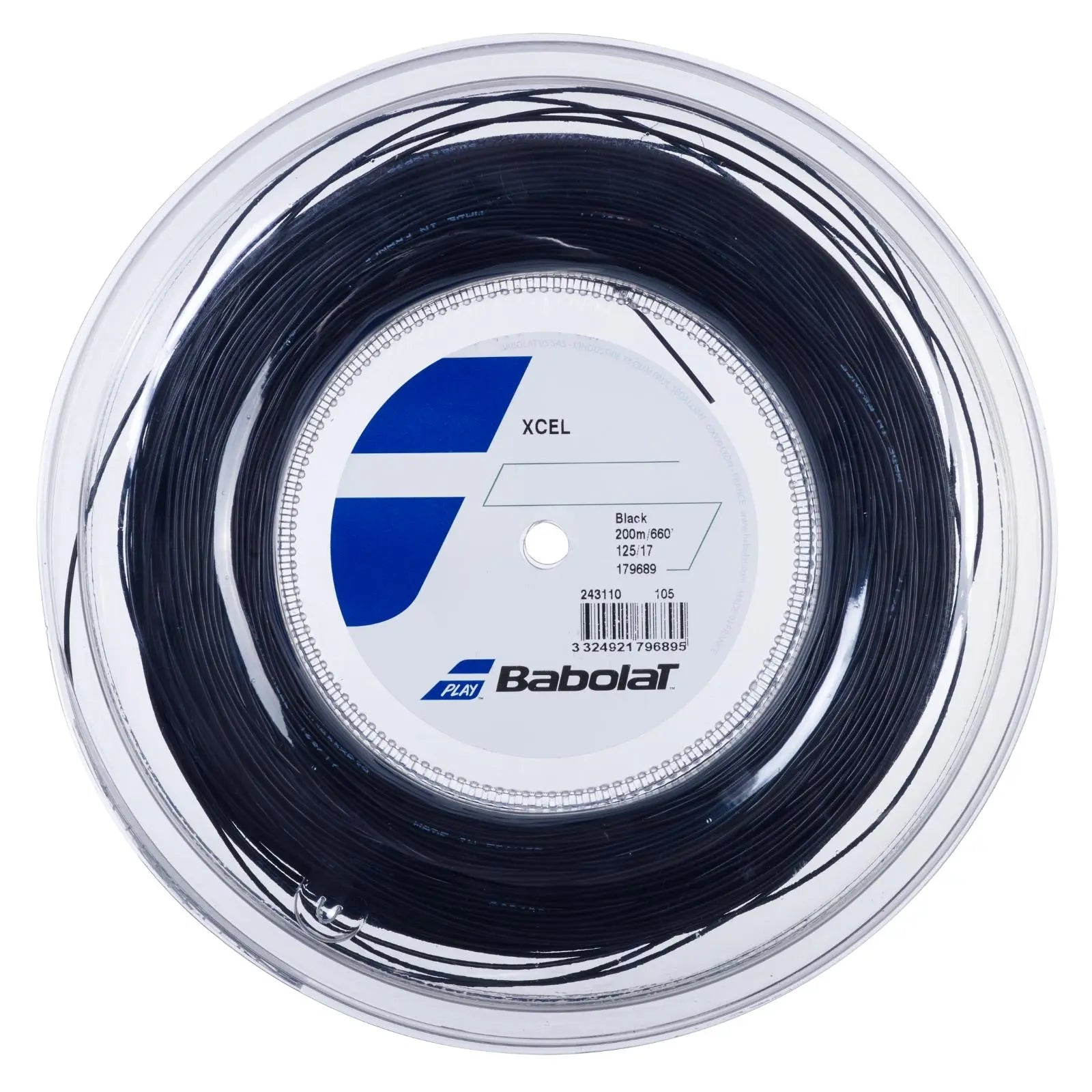 Babolat XCEL 200M (16/1.30) black multifilament tennis string reel in clear packaging.