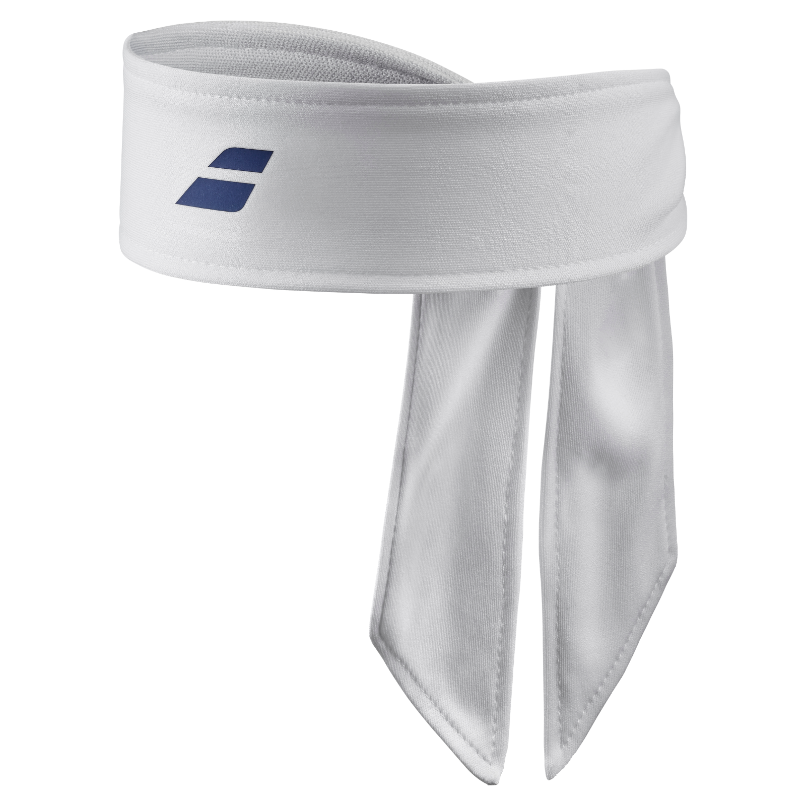 White Babolat Tie Headband made from recycled polyester, featuring a blue logo and long ties.