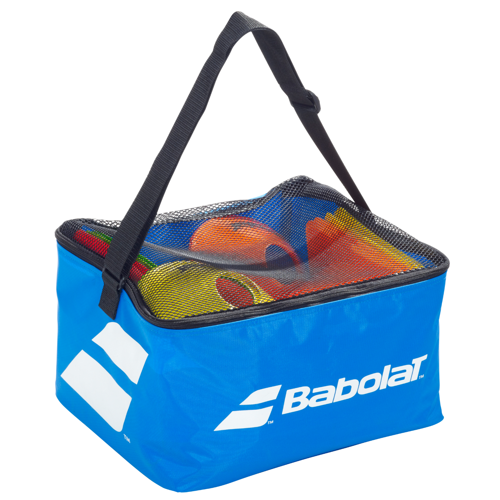 Babolat training kit in a blue bag with a mesh top, holding colorful tennis court markers and cones.