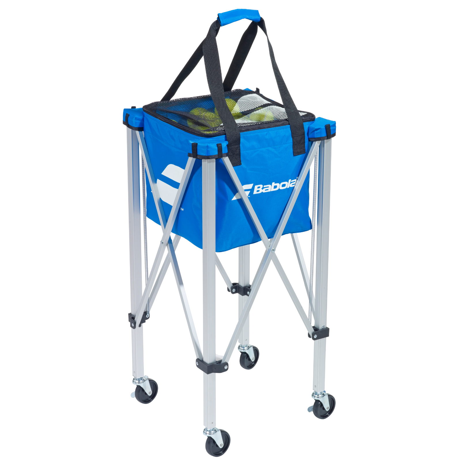 Blue Babolat wheeled ball cart with a detachable bag, holding tennis balls, on a silver foldable stand.