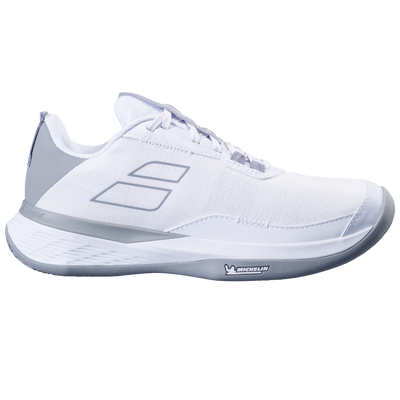 White Babolat Women's SFX Evo clay court tennis shoe with grey accents and Michelin sole.