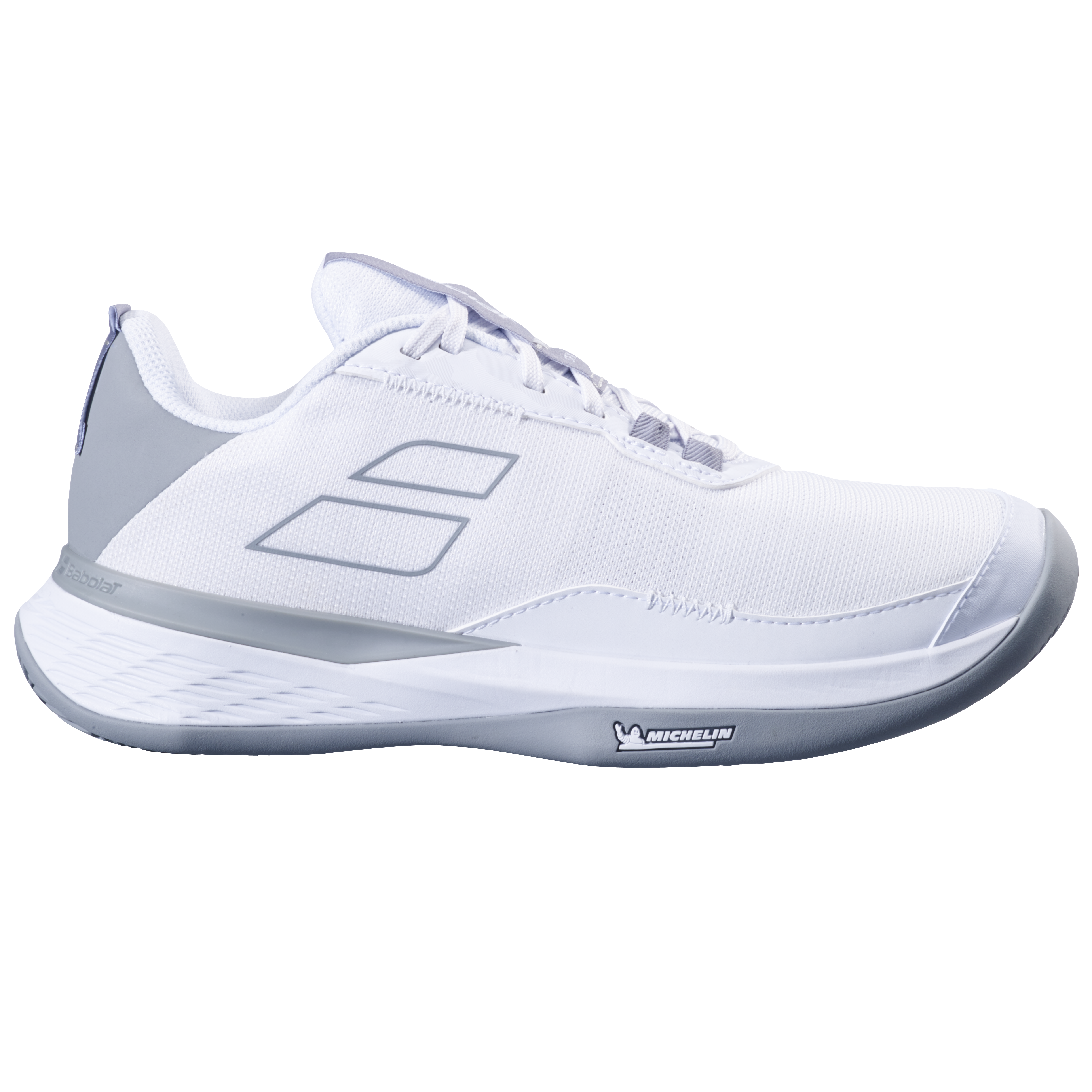 White Babolat Women's SFX Evo clay court tennis shoe with grey accents and Michelin sole.