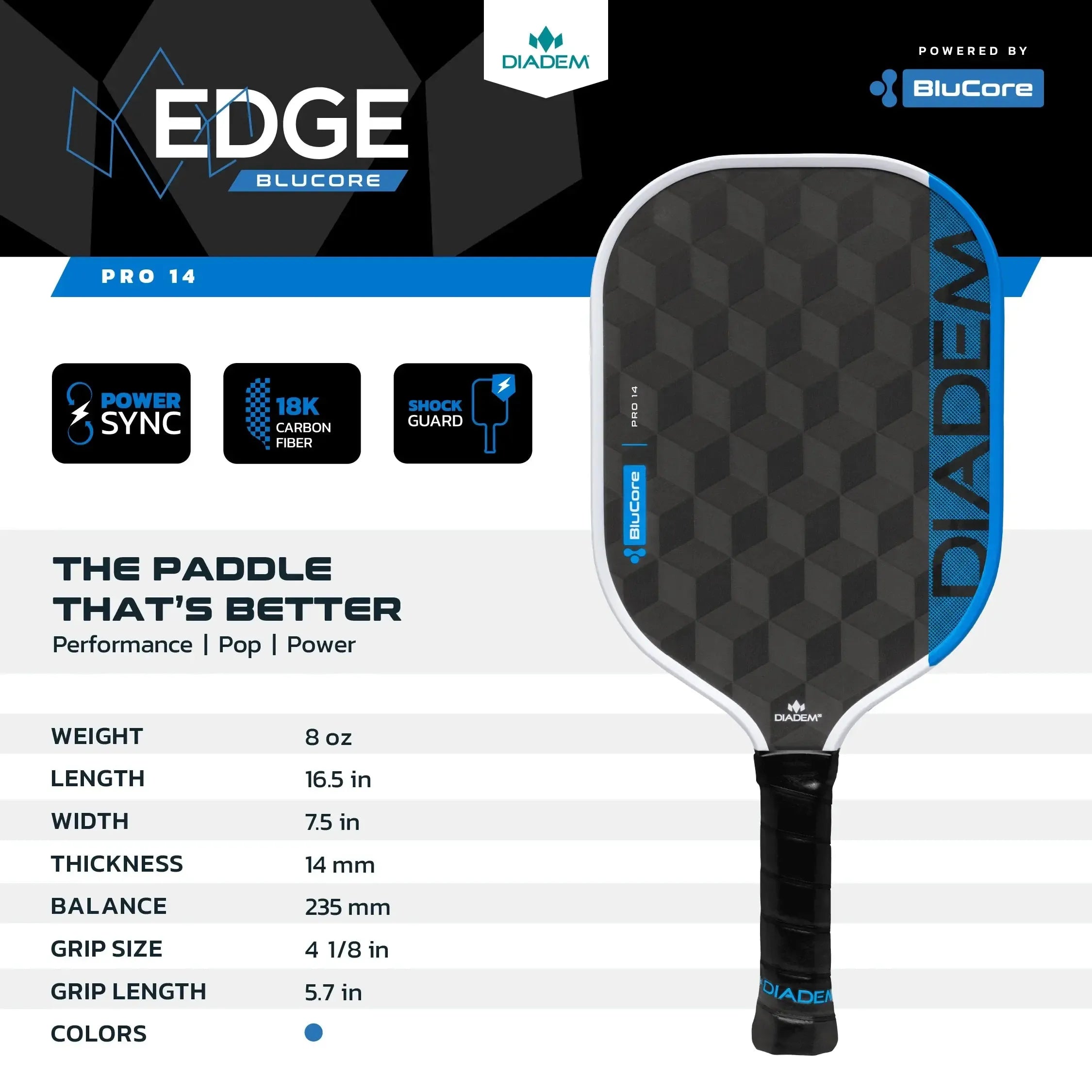 Diadem Pickleball Paddle Edge Blucore 14mm Pro Shape - Blue