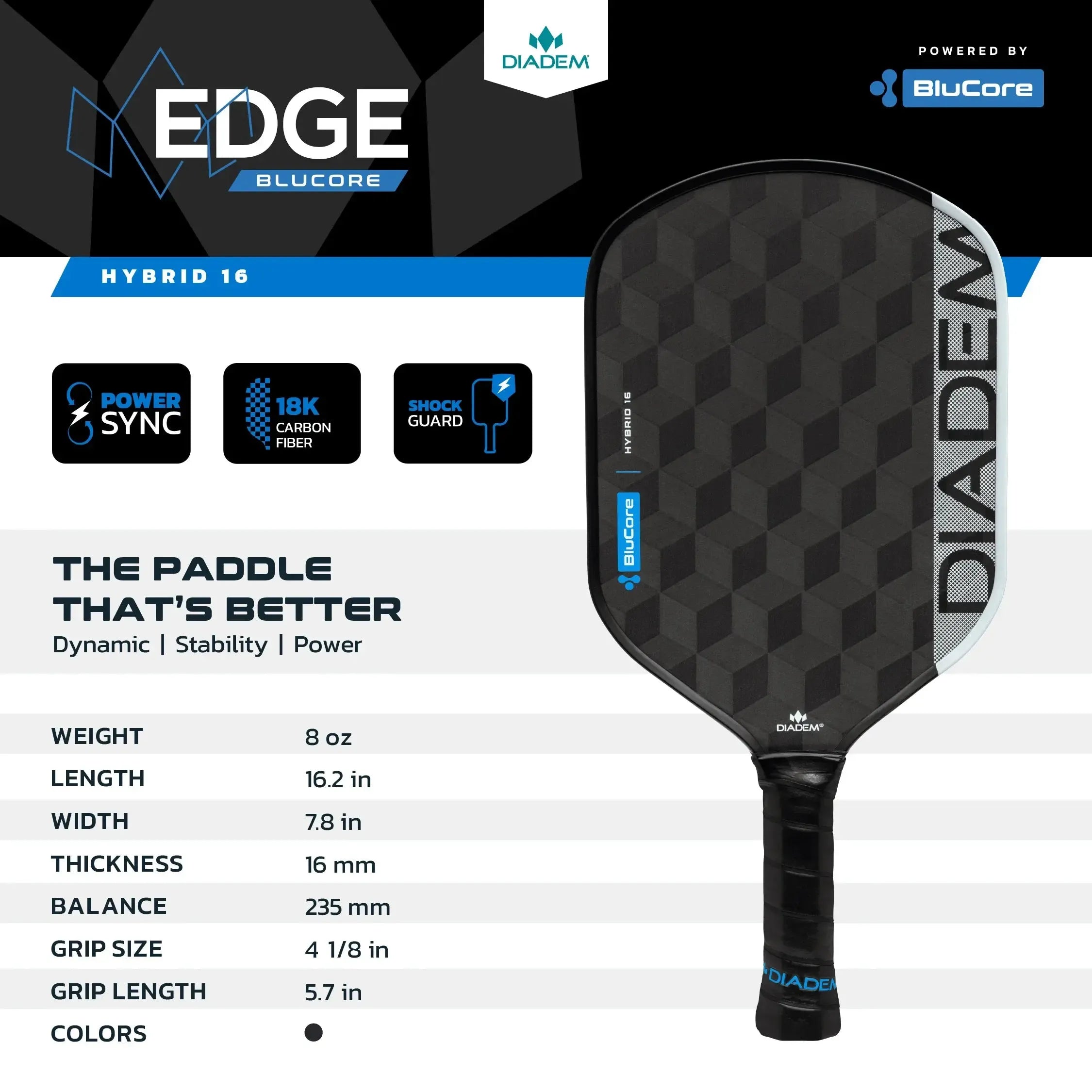 Diadem Pickleball Paddle Edge Blucore 16mm Hybrid Shape - Black