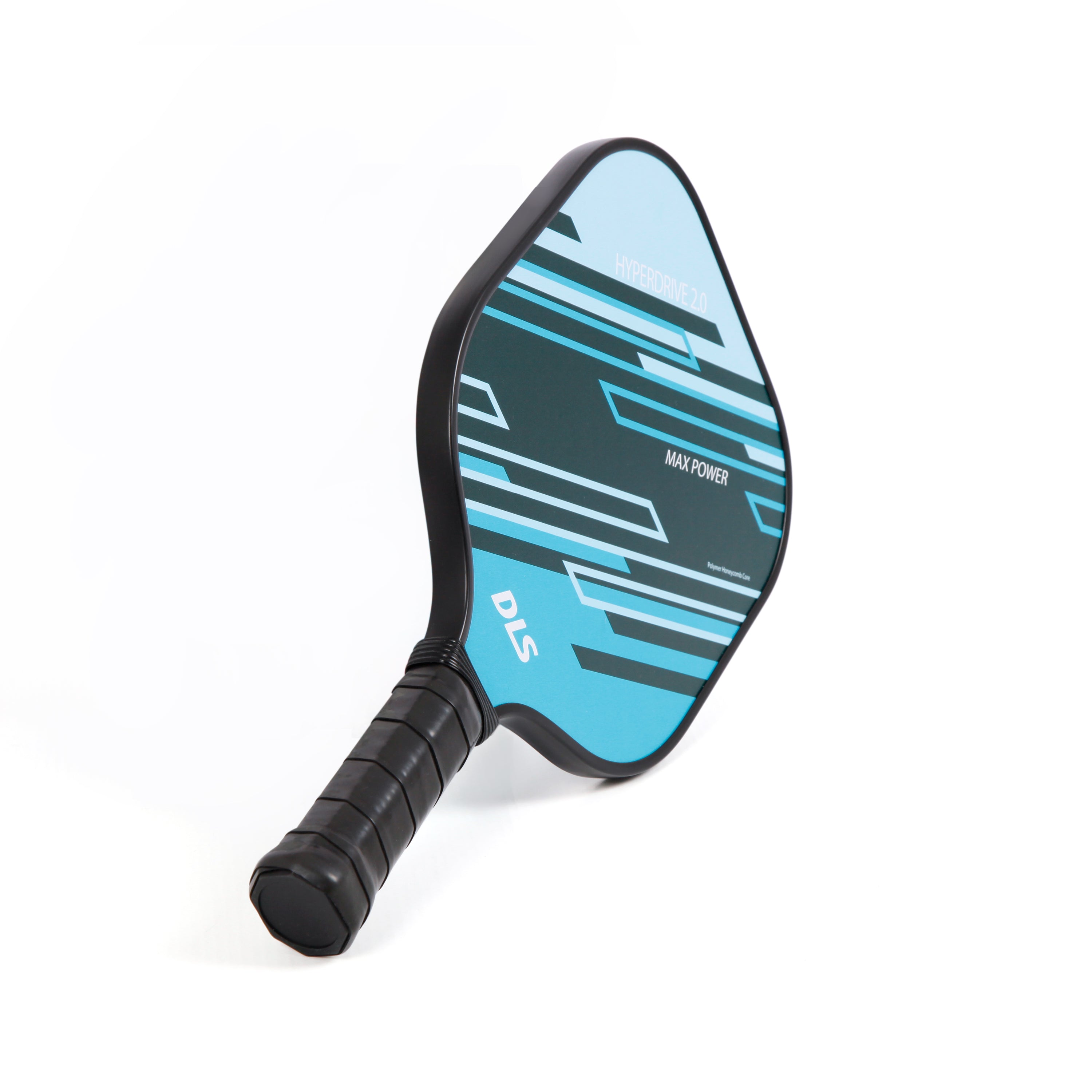 DLS Hyperdrive 2.0 pickleball paddle, blue and black with geometric design, black grip.