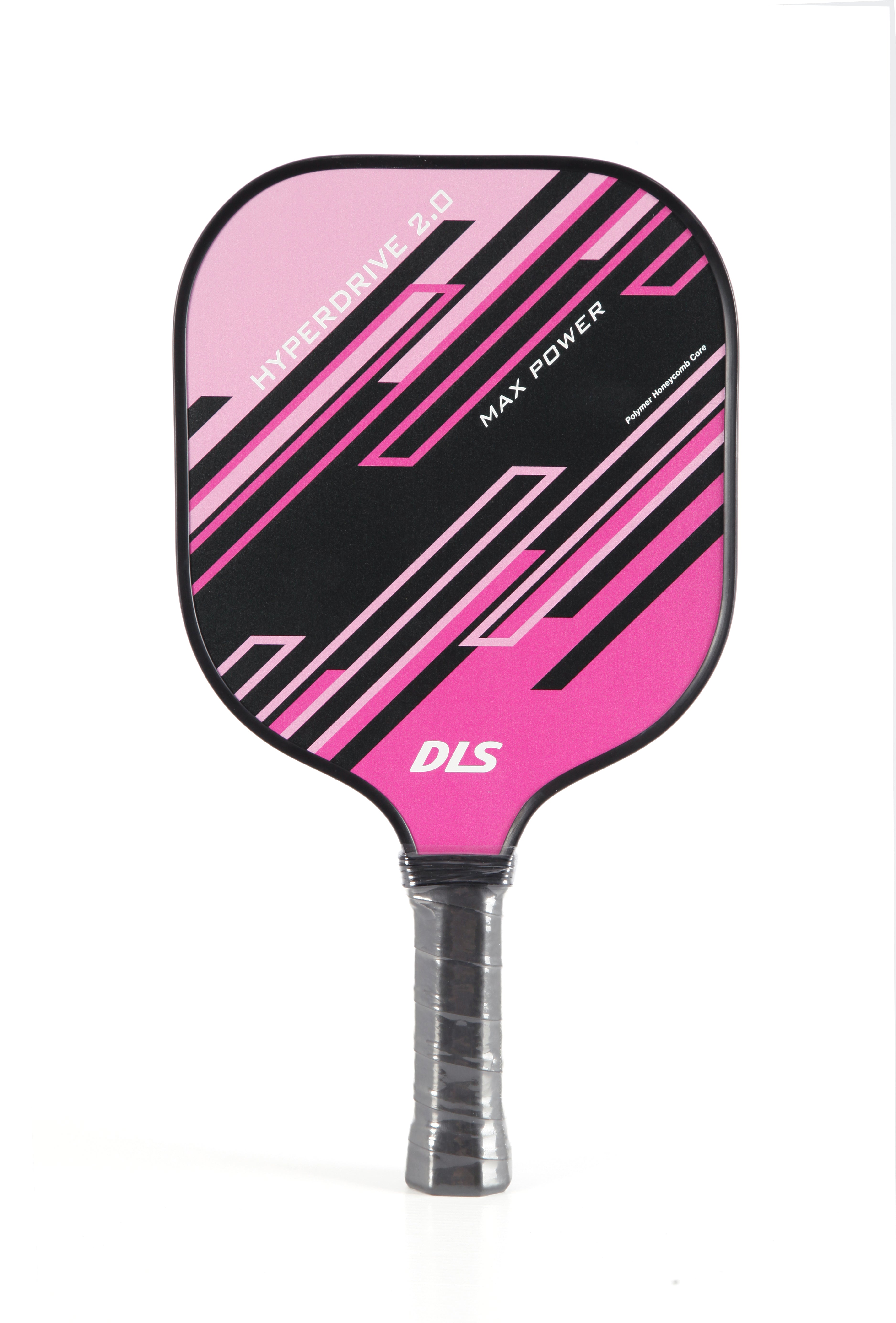 Pink and black DLS Hyperdrive 2.0 pickleball paddle with geometric design and black grip.