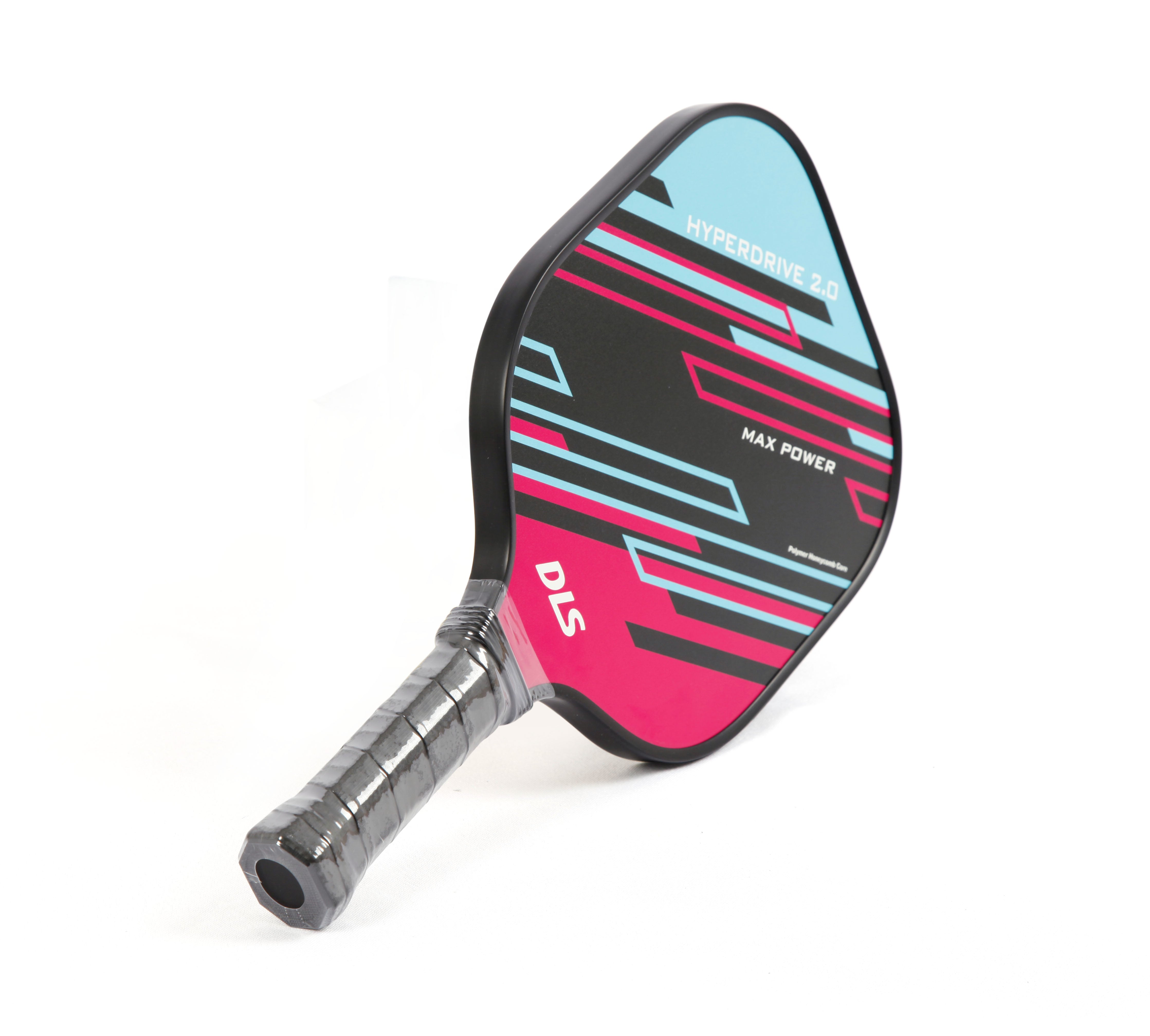 DLS Hyperdrive 2.0 pickleball paddle with black frame, red and light blue geometric design, and black grip.