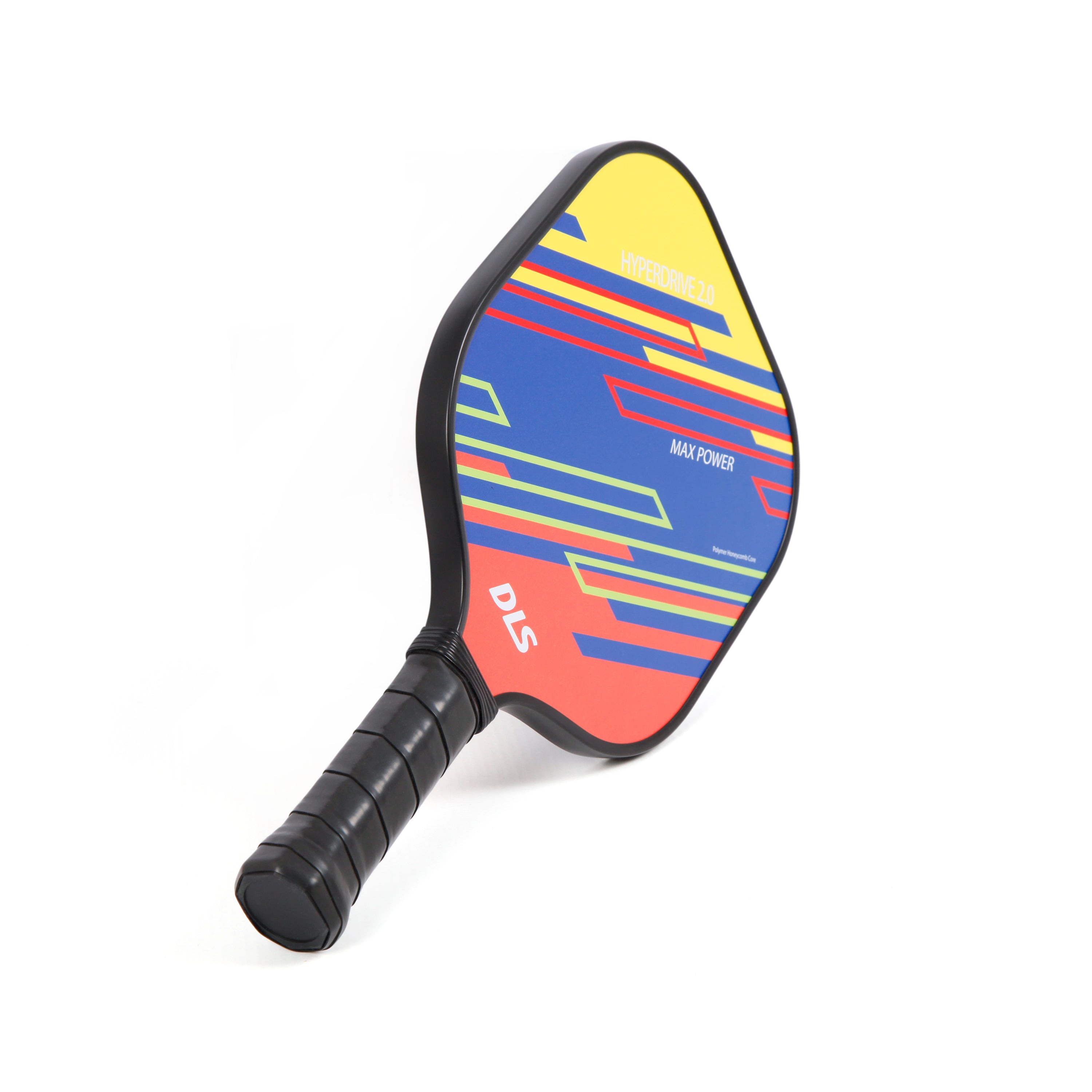 DLS Hyperdrive 2.0 pickleball paddle with yellow, purple, orange, and blue geometric design, black grip.