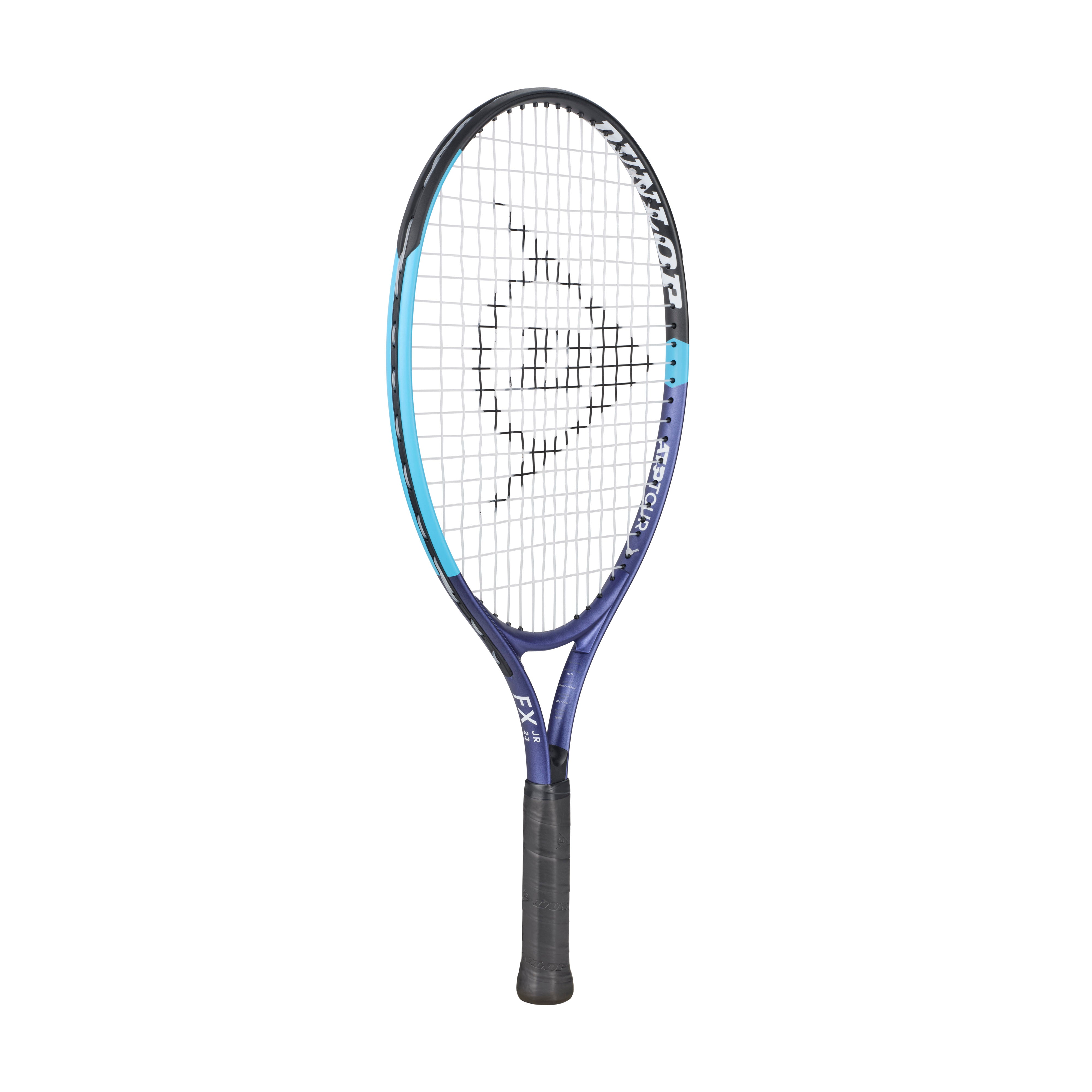 Dunlop Junior FX Jnr 23 tennis racquet, black, blue, and purple with white strings.