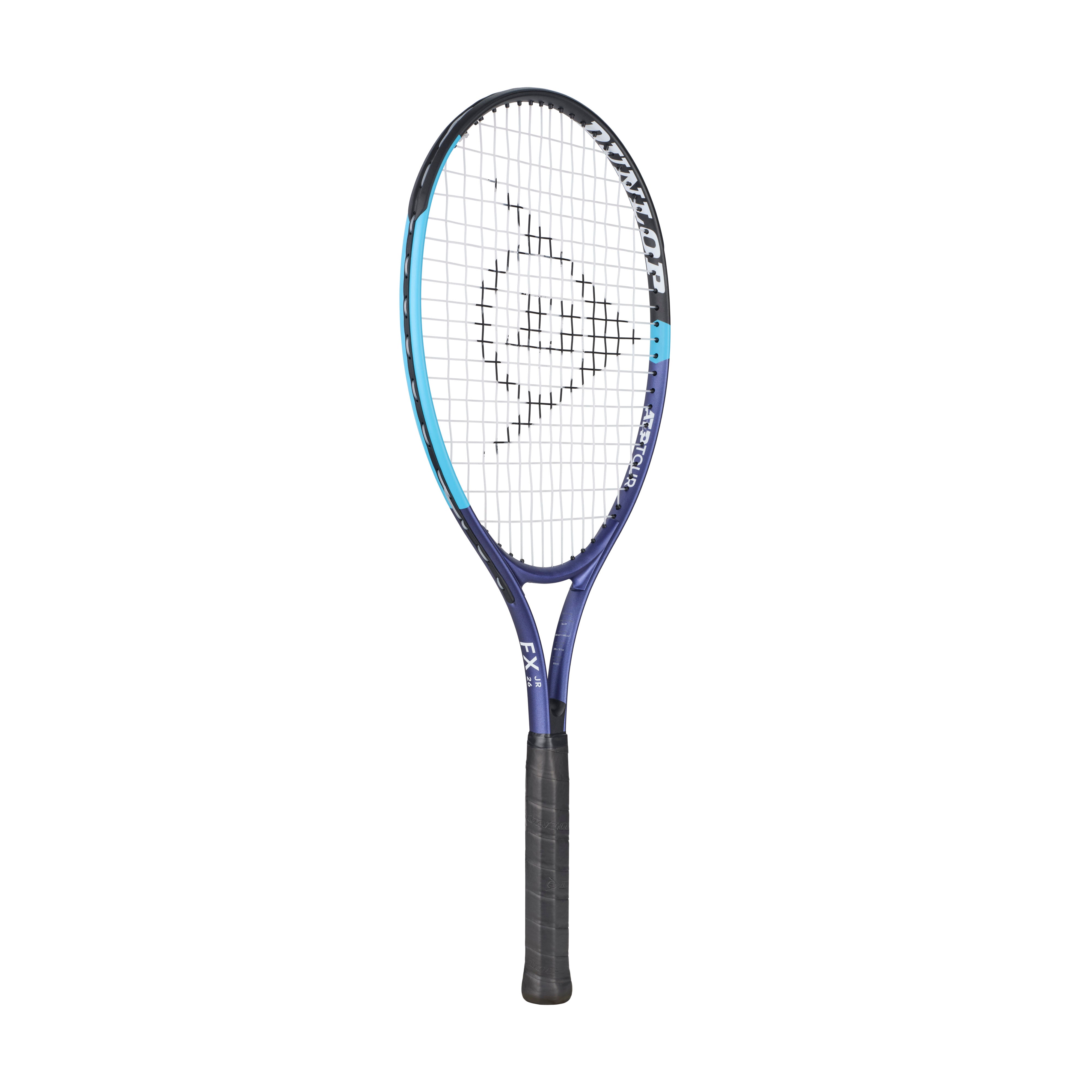Dunlop Junior FX Jnr 26 tennis racquet, blue and purple with black grip.
