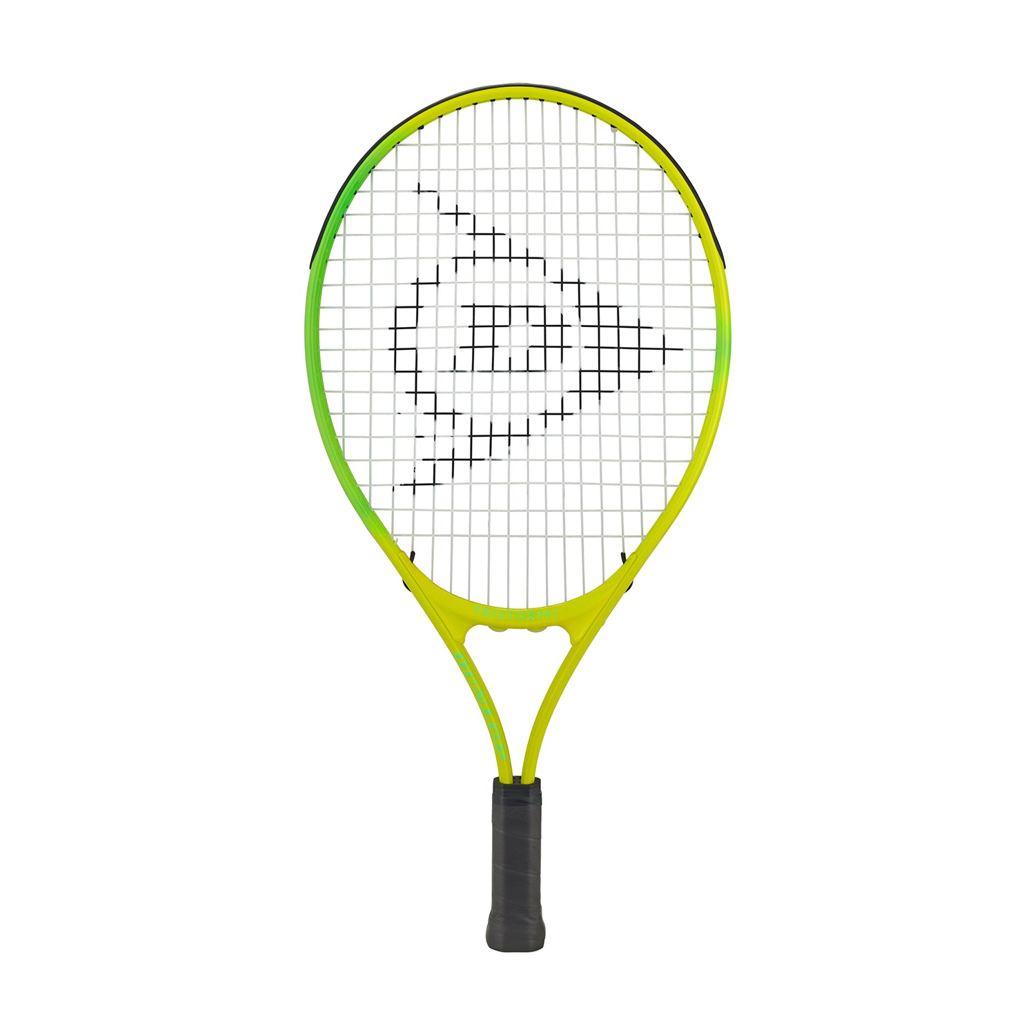 Dunlop Junior Tristorm Jnr 21 tennis racquet, 21-inch, yellow-green frame, black grip, white strings.