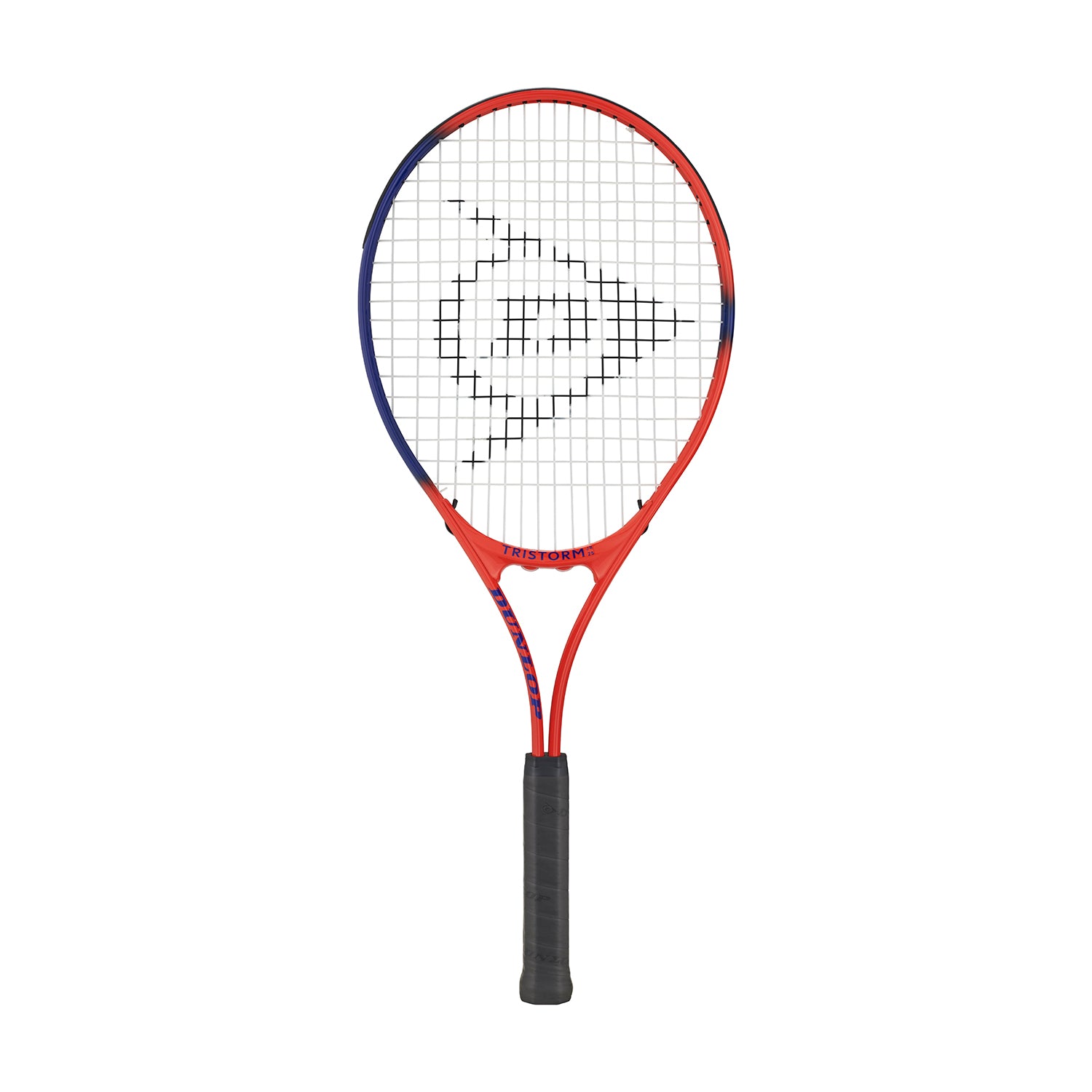 Dunlop Junior Tristorm Jnr 25 tennis racquet, red and blue frame, black grip, white strings.
