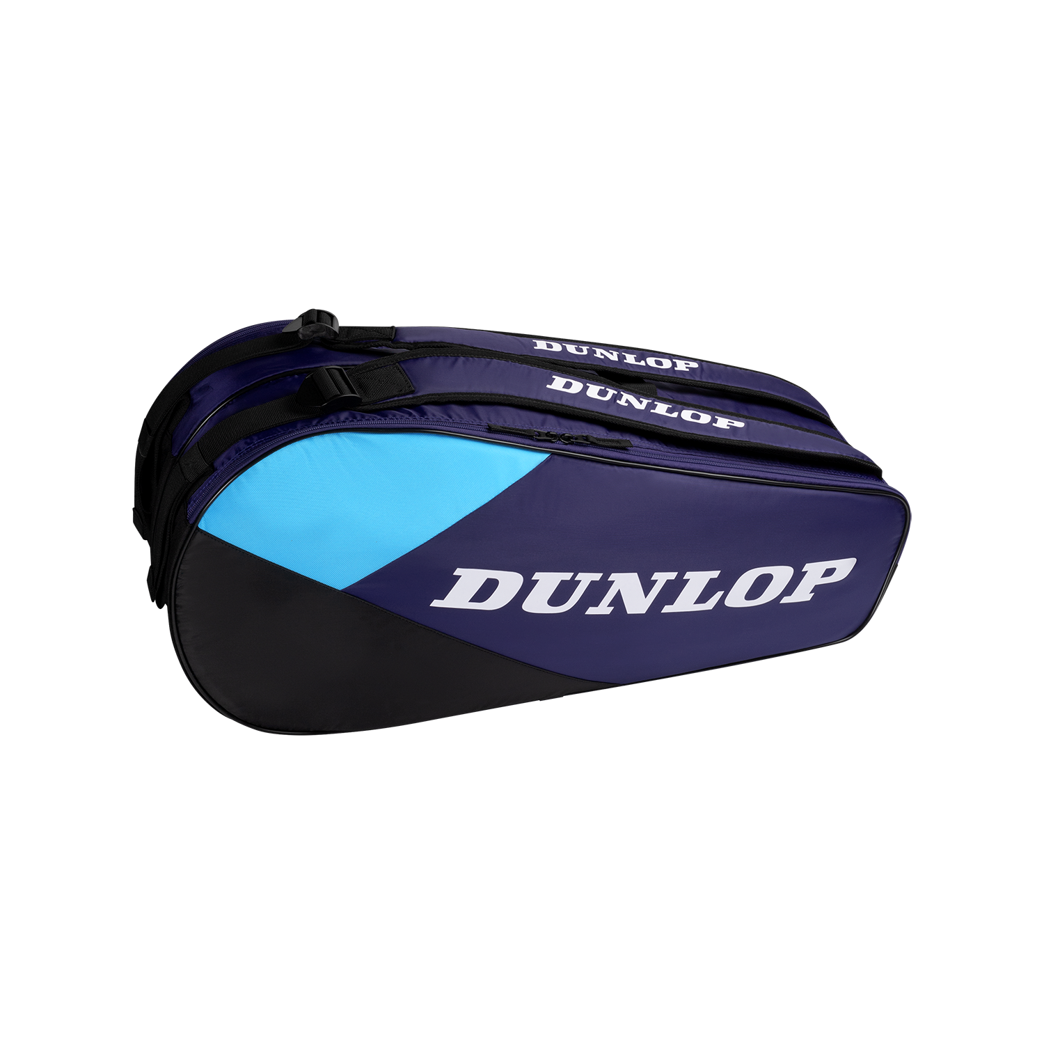 Dunlop FX Club 6 Racquet Bag in navy blue with light blue and black accents, featuring two main compartments.