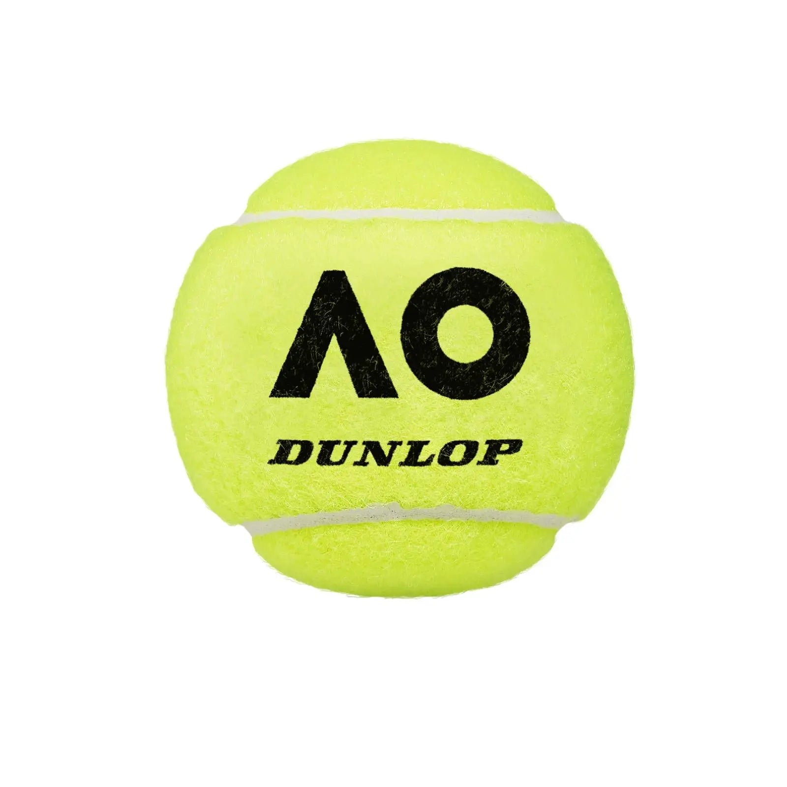 Dunlop Australian Open tennis ball, vibrant yellow felt with black "AO" and "DUNLOP" logos.