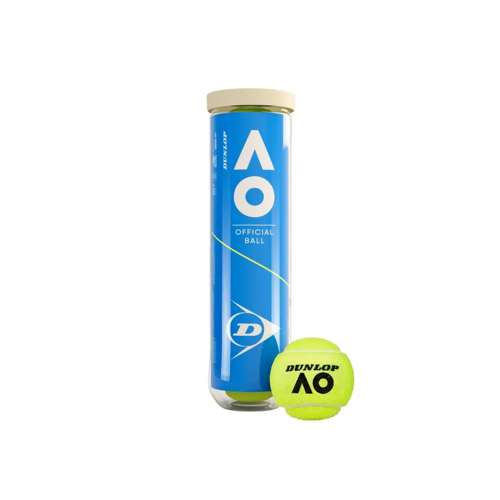 Dunlop Australian Open 4-ball pack: blue tube with white cap, one yellow tennis ball with AO logo.