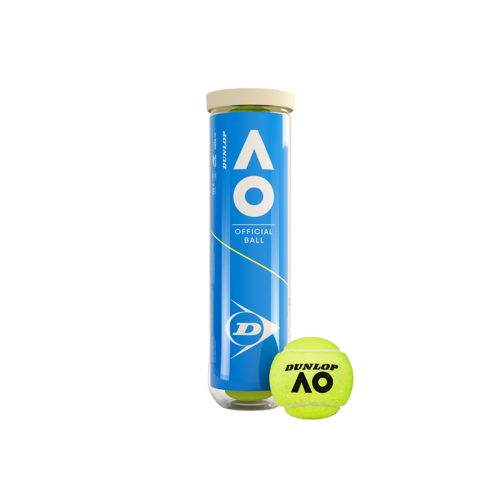 Dunlop Australian Open 4-ball pack: blue tube with white cap, one yellow tennis ball with AO logo.