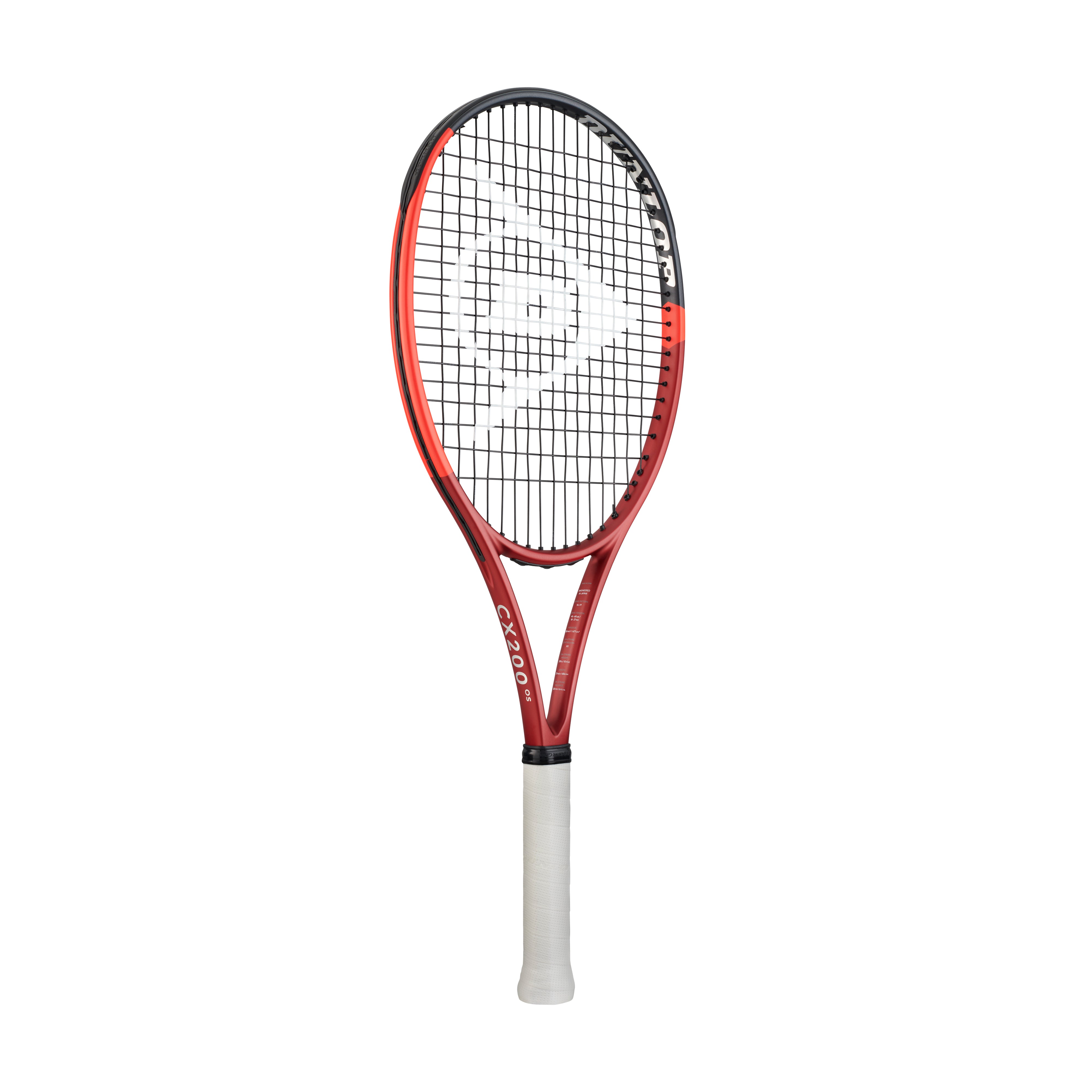 Red and black Dunlop CX200 OS tennis racquet with white grip and 105 sq in head.