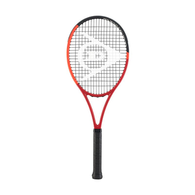 Dunlop CX200 Tour tennis racquet with a red and black frame, black grip, and white Dunlop logo on the strings.
