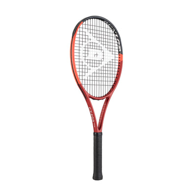 Red and black Dunlop CX400 Tour tennis racquet with white strings and a black grip.