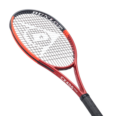 Red and black Dunlop CX400 Tour tennis racquet with white strings and black grip.