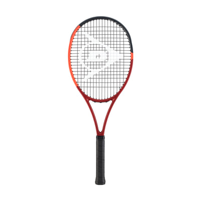 Red and black Dunlop CX400 Tour tennis racquet with white logo, black strings, and grip.