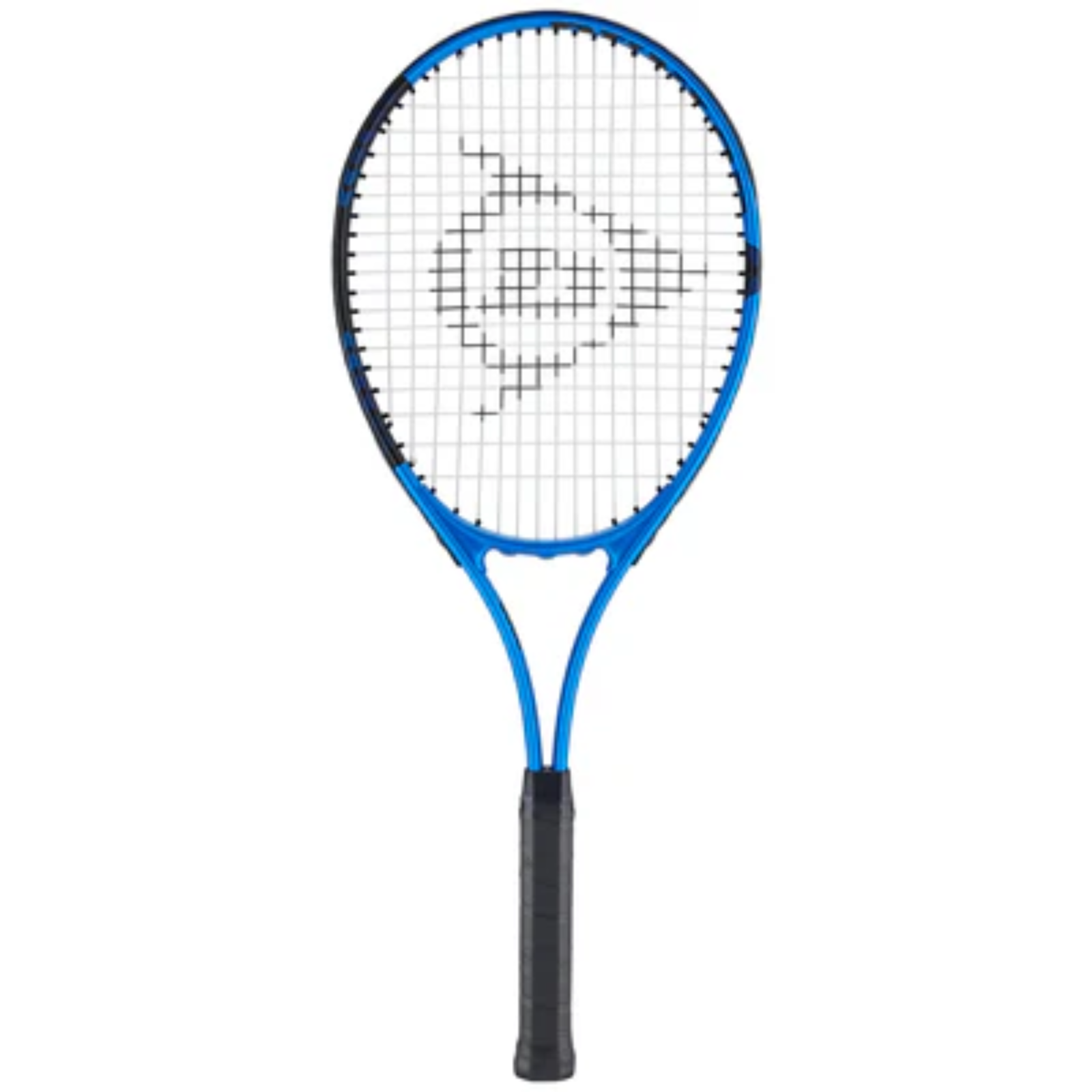 Blue Dunlop FX Start 27 tennis racquet with black grip and white strings, ideal for beginners.