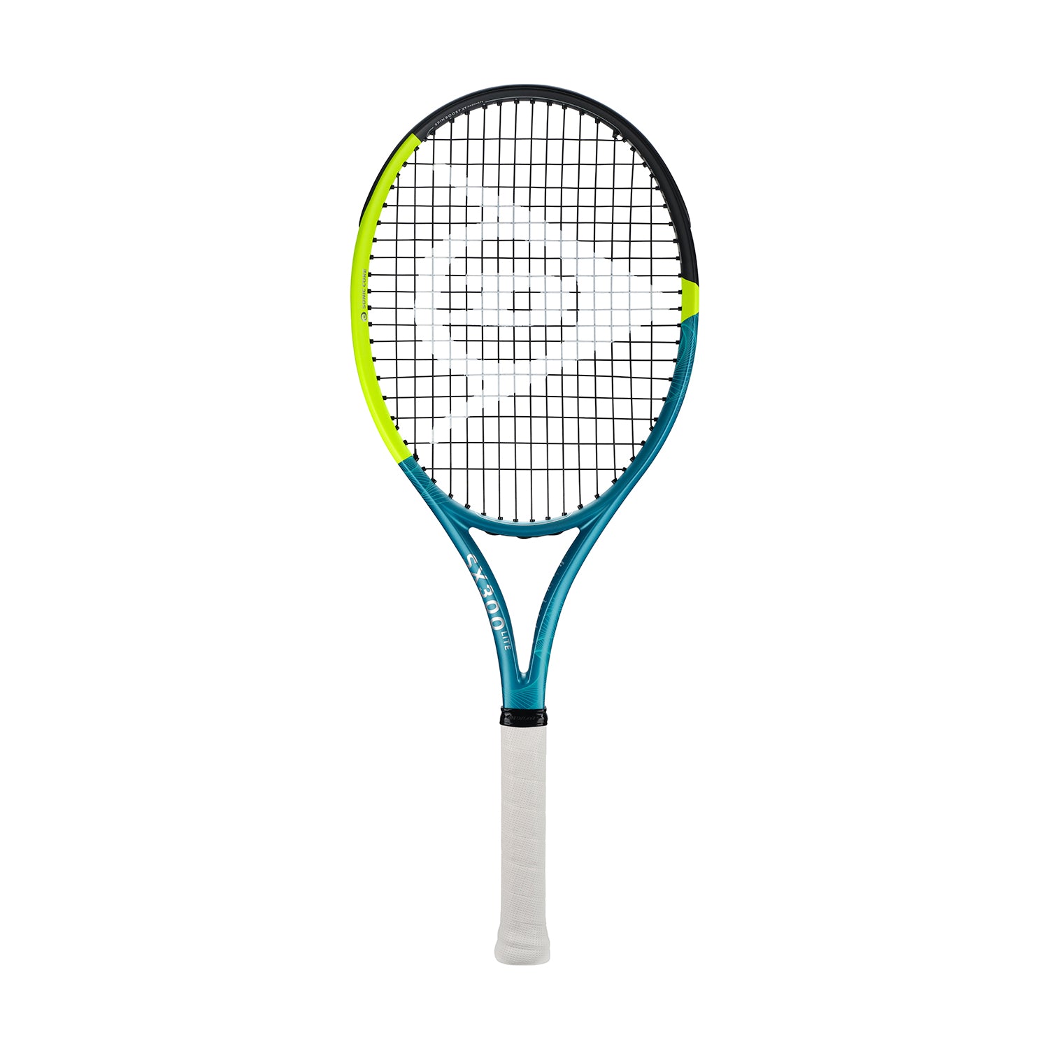 Dunlop SX400 Lite tennis racquet with a teal, black, and neon yellow frame, white grip.