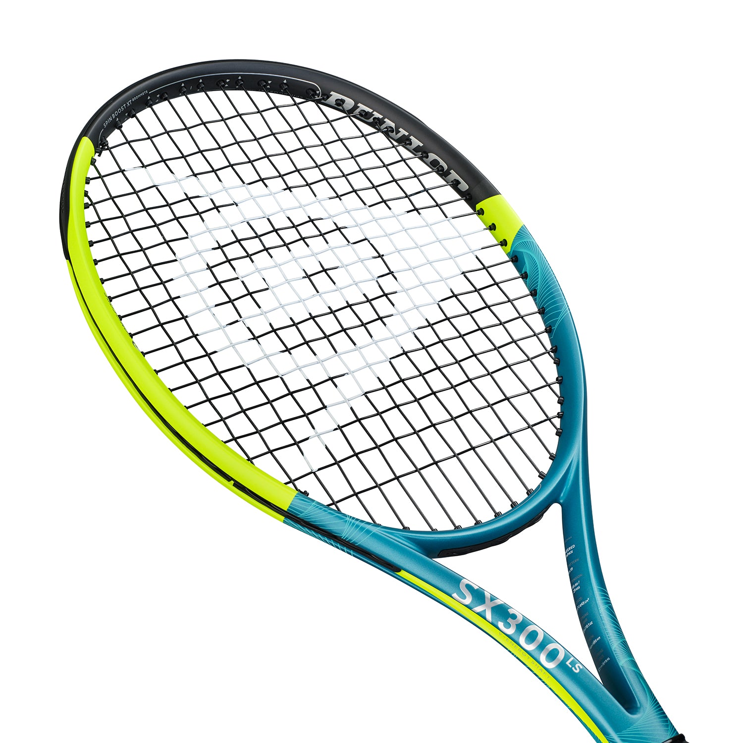 Dunlop SX300 LS tennis racquet with a teal frame, neon yellow accents, and white strings.