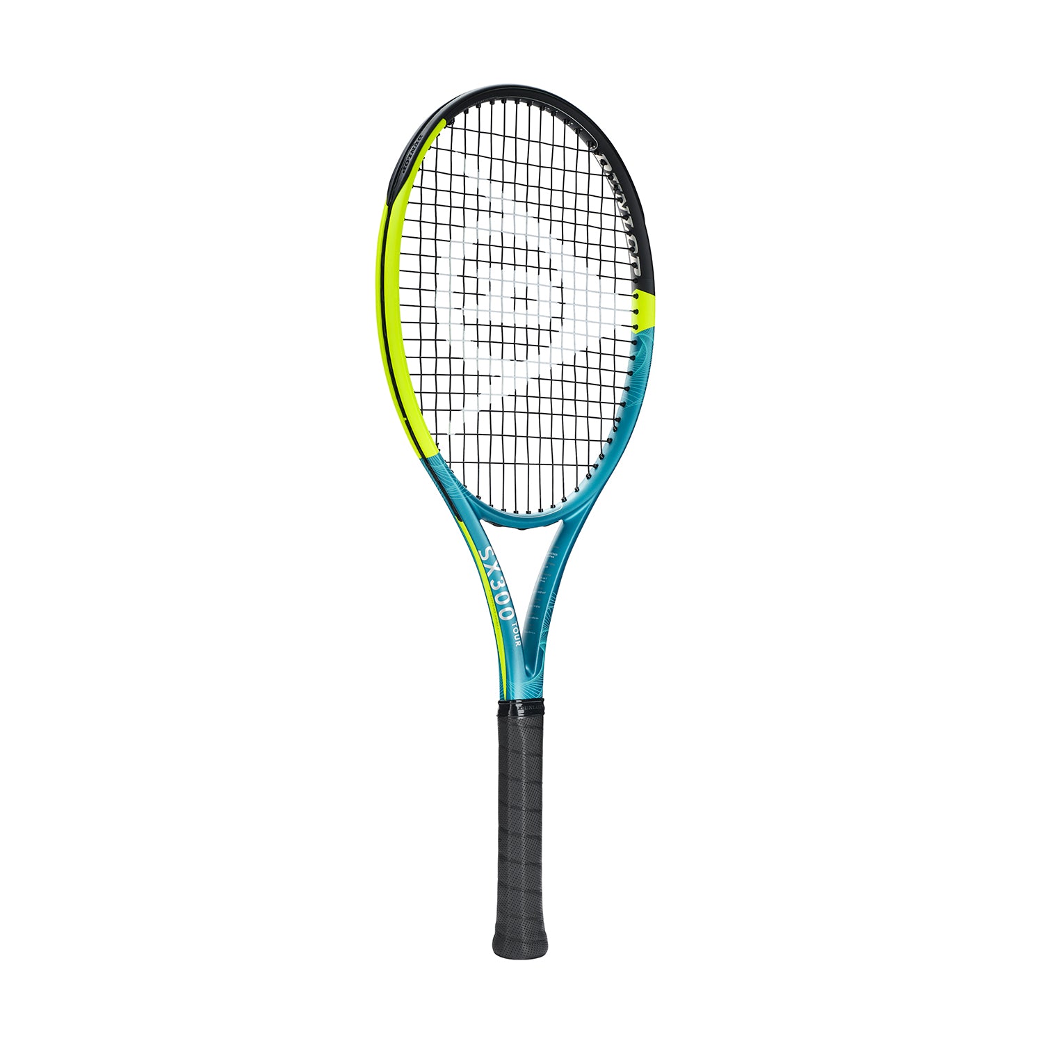 Dunlop SX300 Tour tennis racquet, black, neon yellow, and blue frame with black grip.