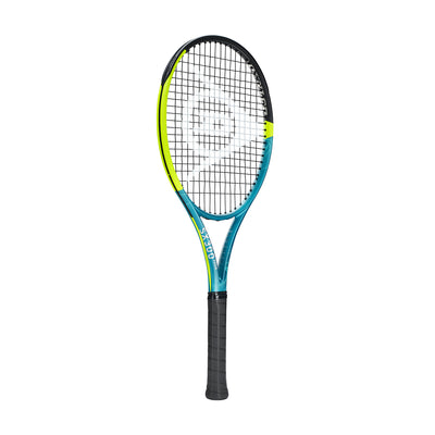 Dunlop SX300 Tour tennis racquet, black, neon yellow, and blue frame with black grip.