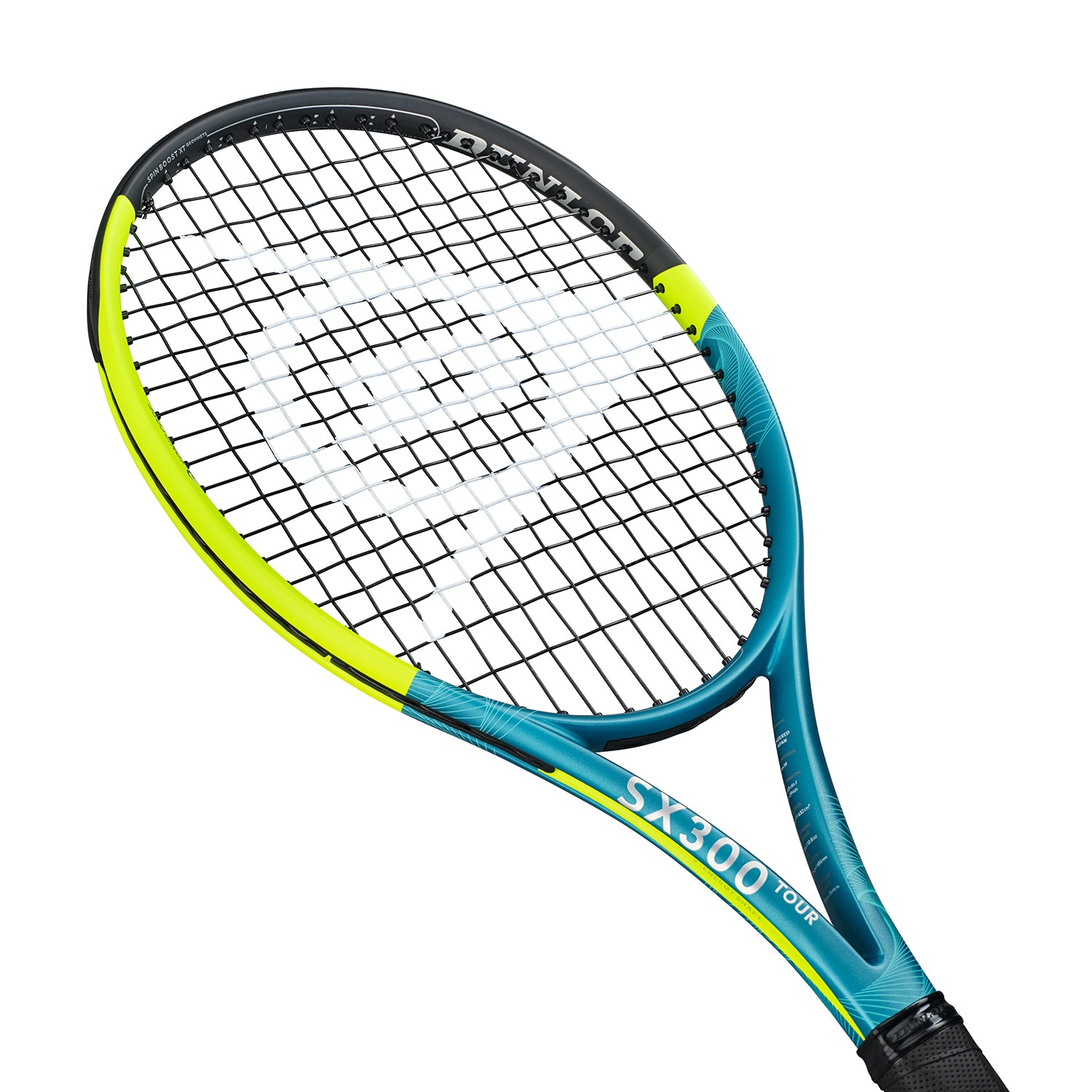 Dunlop SX300 Tour tennis racquet, unstrung, in teal, black, and neon yellow with white strings.