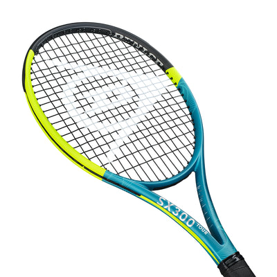 Dunlop SX300 Tour tennis racquet, unstrung, in teal, black, and neon yellow with white strings.