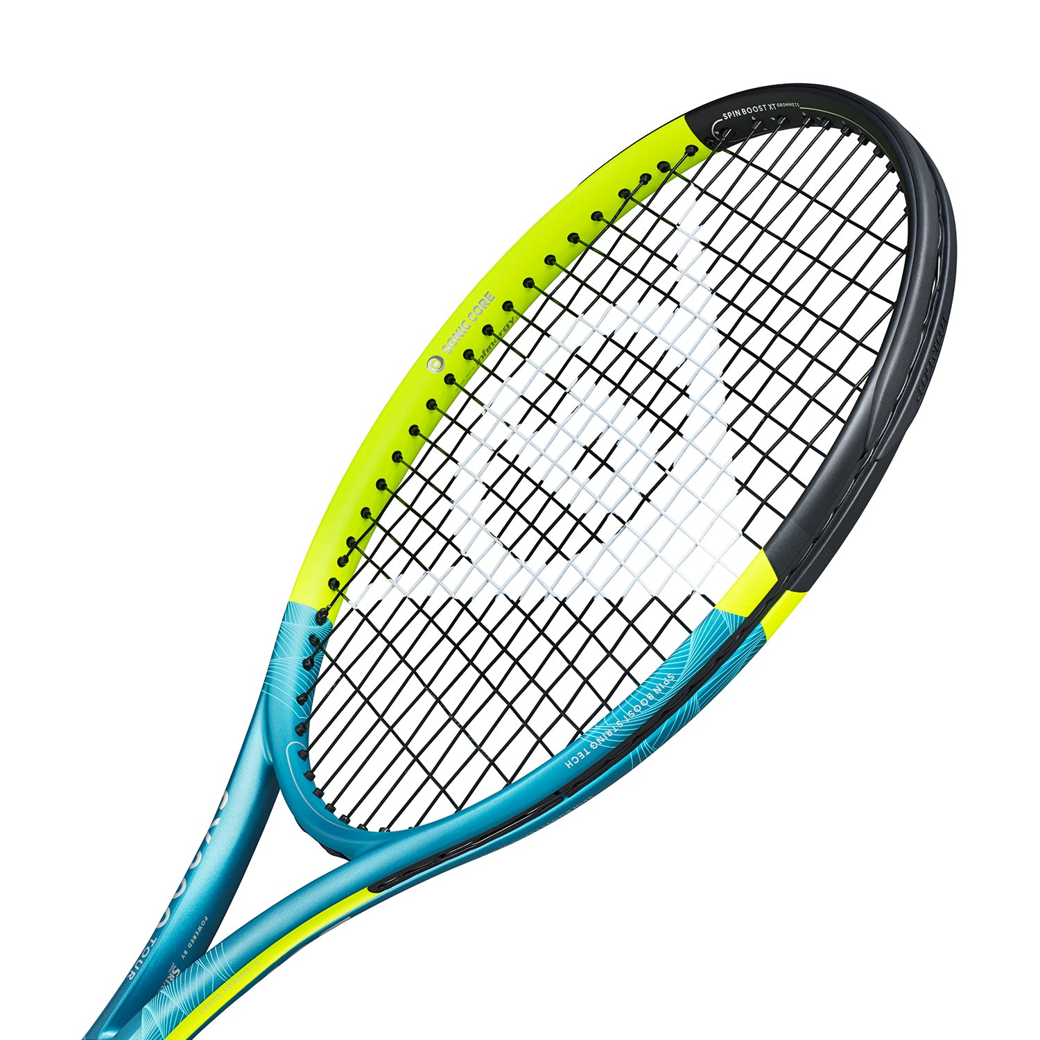Dunlop SX300 Tour tennis racquet, unstrung, with a vibrant blue, yellow, and black frame.