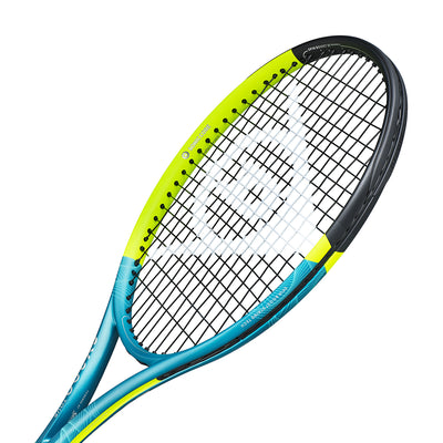 Dunlop SX300 Tour tennis racquet, unstrung, with a vibrant blue, yellow, and black frame.