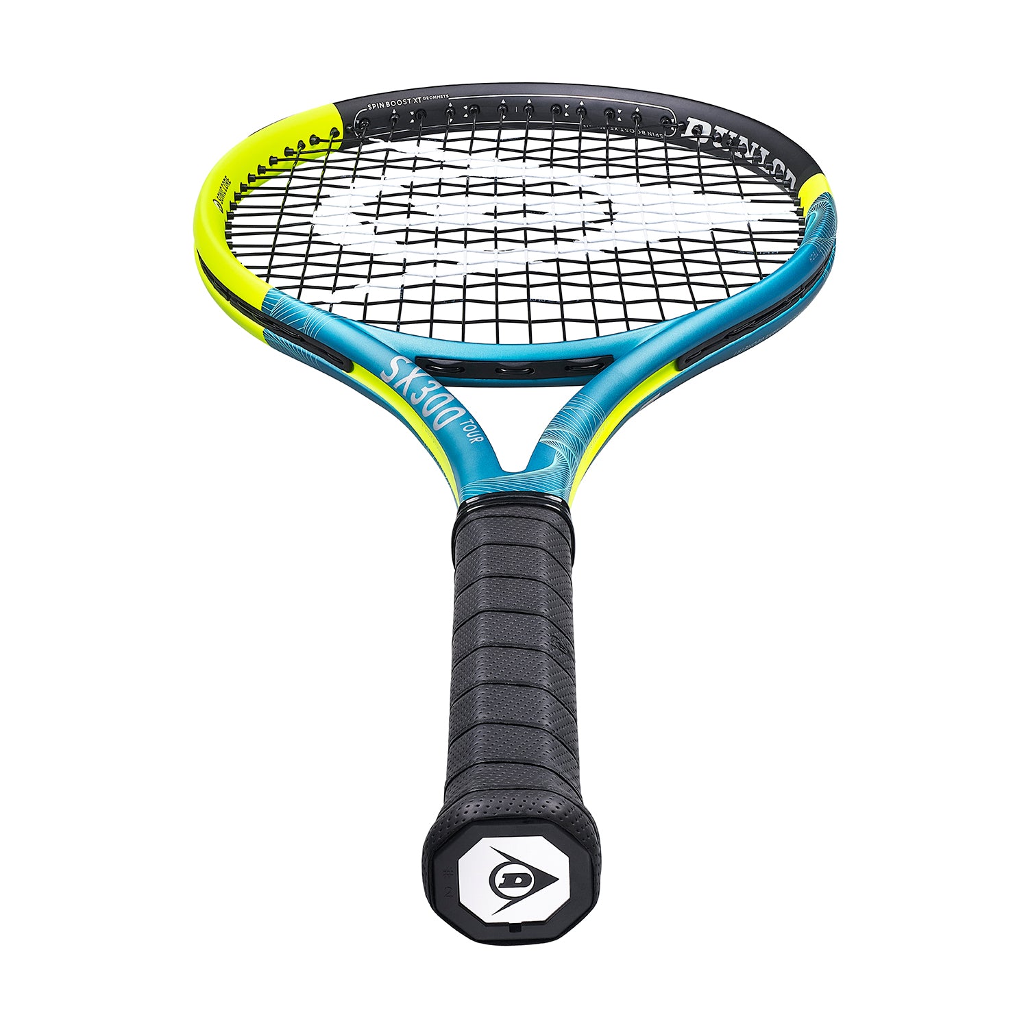 Dunlop SX300 Tour tennis racquet with blue, neon yellow, and black frame, black grip, and white strings.