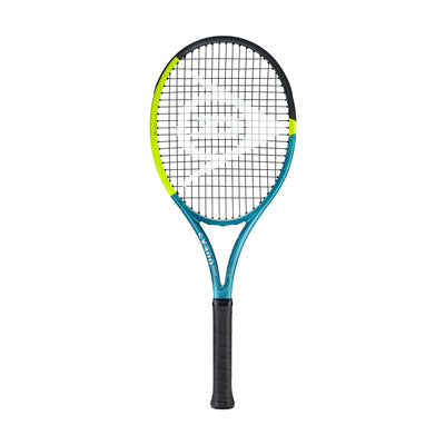 Dunlop SX300 Tour tennis racquet, unstrung, with a teal, black, and neon yellow frame.