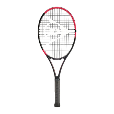 Dunlop Team 285 tennis racquet with black frame, red accents, and white Dunlop logo on strings.