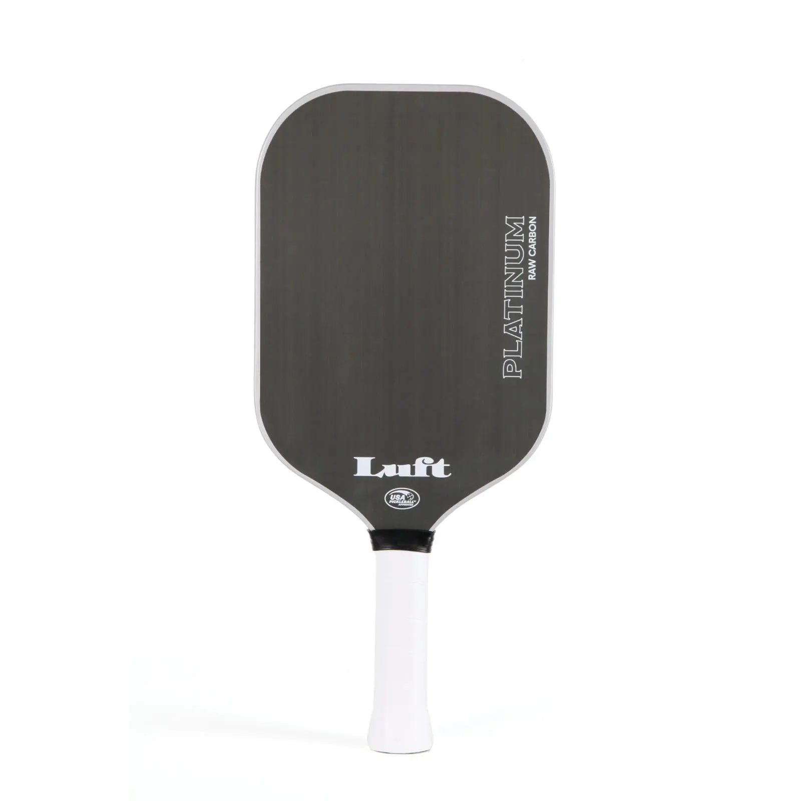 Luft Platinum raw carbon pickleball paddle, elongated, edgeless, with white grip.