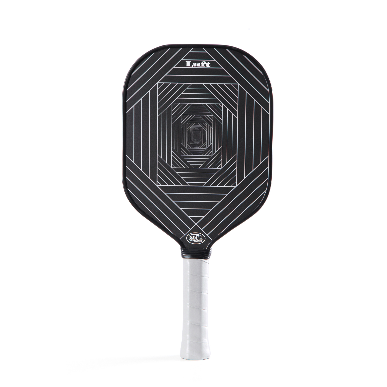 Luft Pickleball Paddle Vortex, black with white geometric design and white grip.