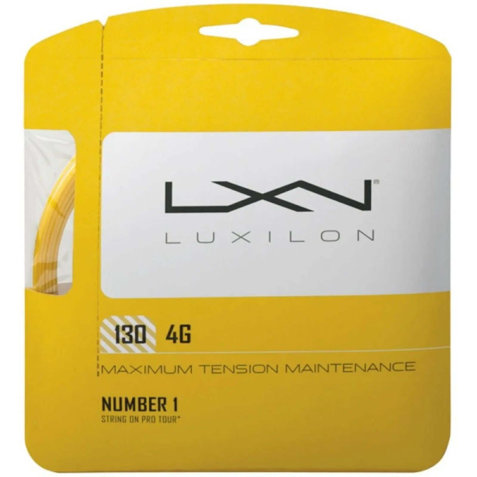 Yellow Luxilon 4G 130 tennis string set in packaging, highlighting maximum tension maintenance.