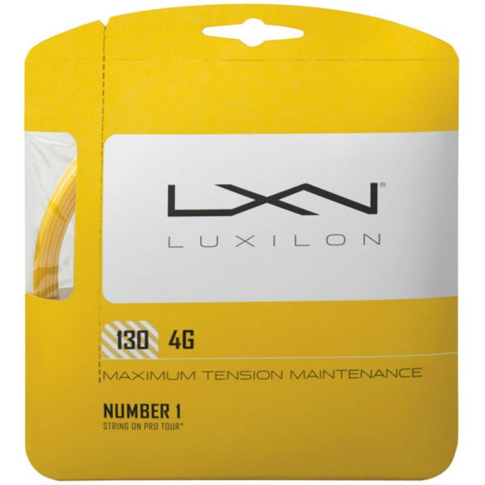 Yellow Luxilon 4G 130 tennis string set in packaging, highlighting maximum tension maintenance.