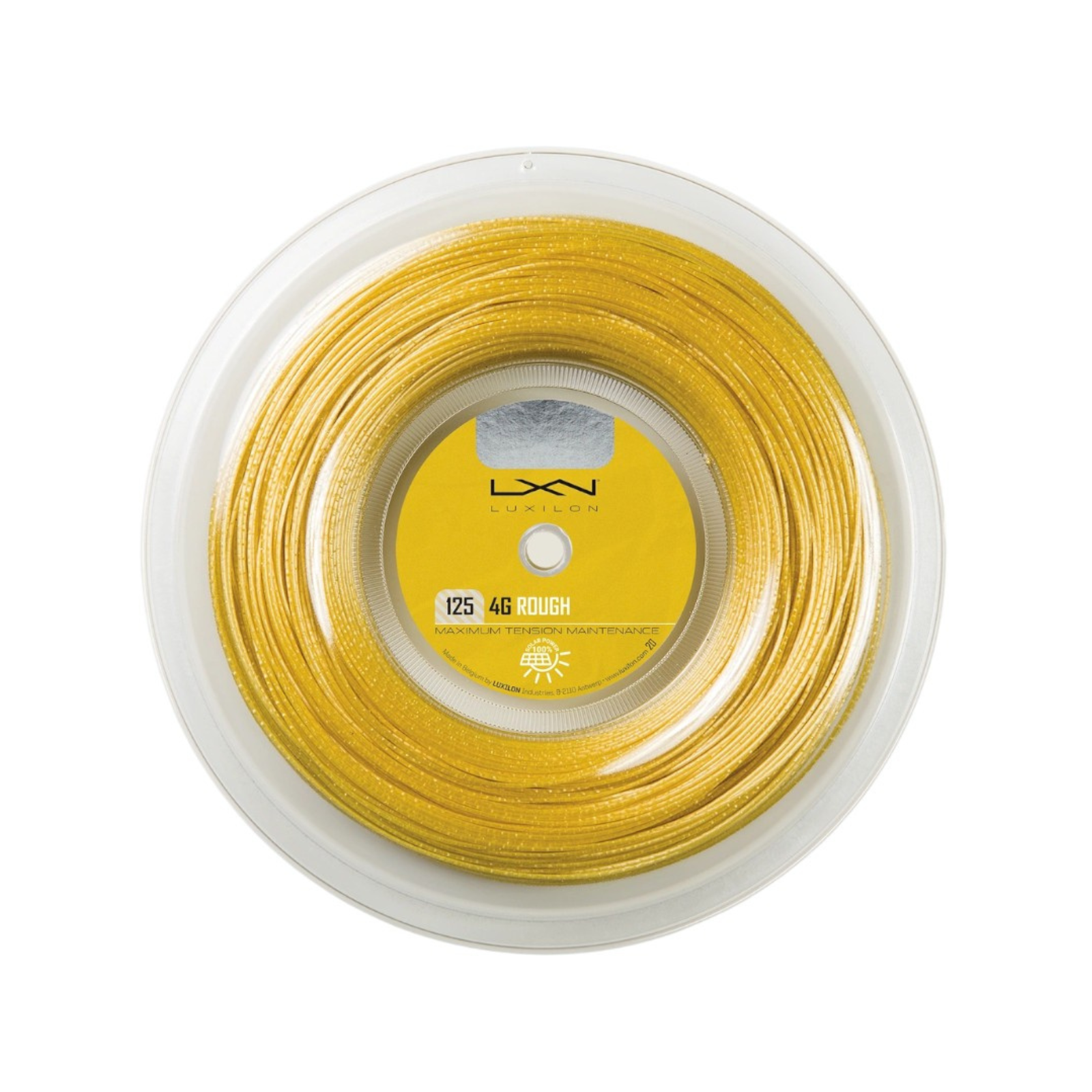 Luxilon 4G Rough 125 tennis string reel, bright yellow, coiled in clear plastic packaging.
